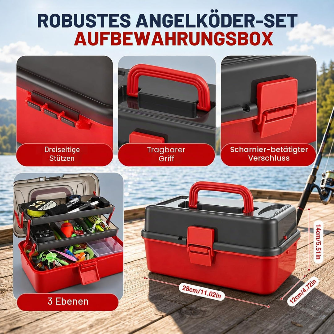 680 Stück Angelzubehör Set, 3-Regal Angelkoffer mit Köder, Haken, Angelzange, Angelwaage, Angelausrü