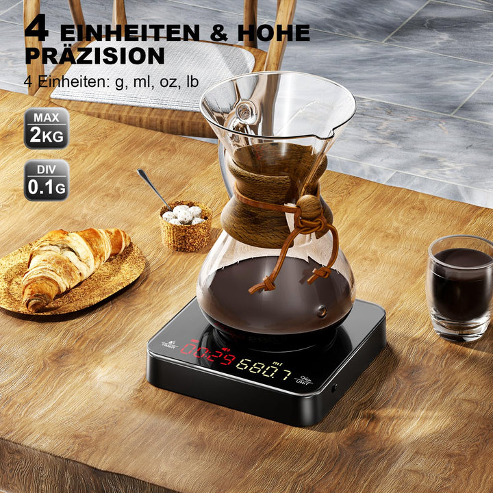 Mini-Kaffeewaage mit Timer, Wiederaufladbare Espresso Waage, 2kg/0,1g Präzisionswaage für Espresso &