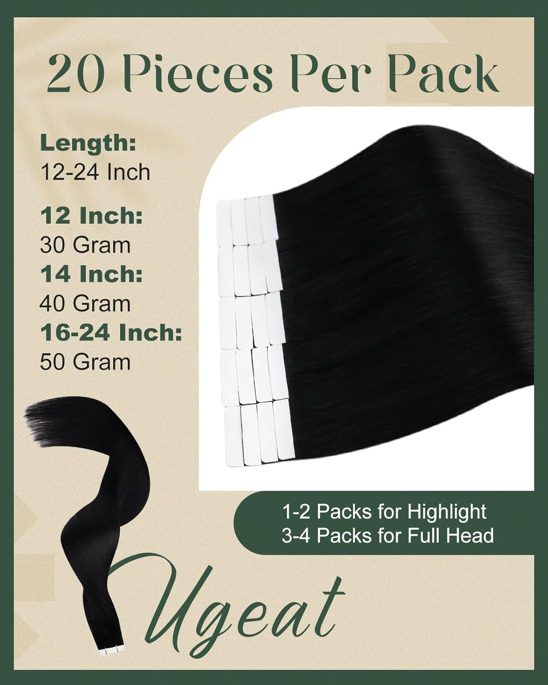 Ugeat 30cm Tape Extensions Echthaar Schwarz Haarverlangerung Tape Echthaar 30Gramm Unsichtbares Tape
