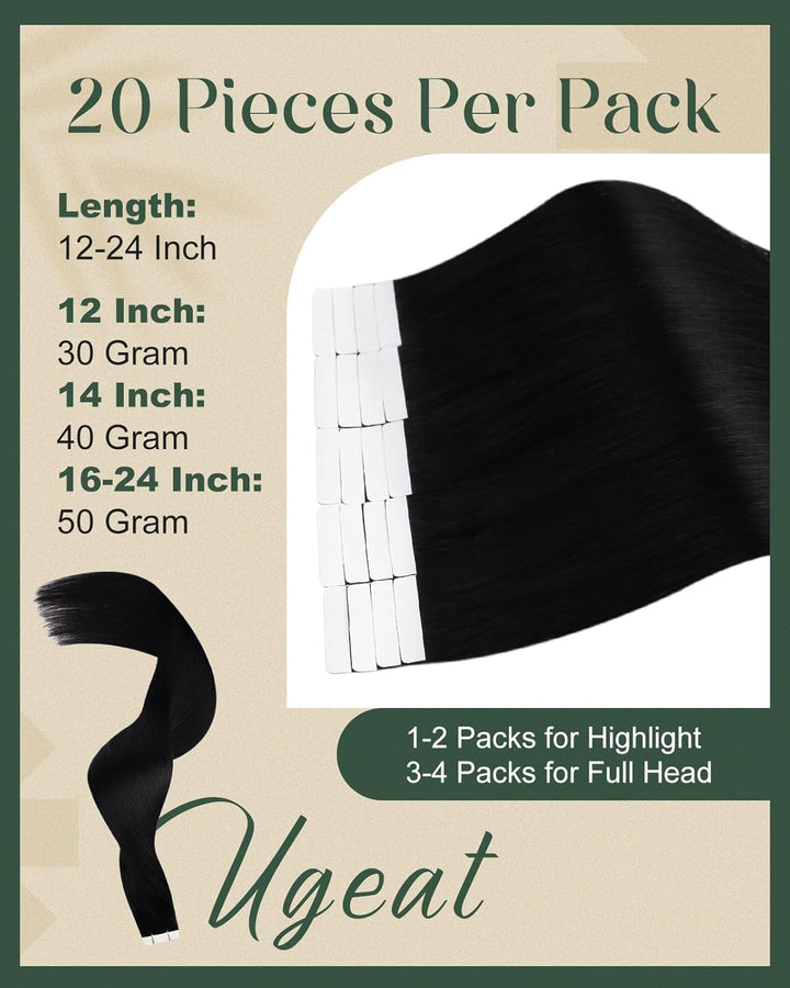 Ugeat 30cm Tape Extensions Echthaar Schwarz Haarverlangerung Tape Echthaar 30Gramm Unsichtbares Tape