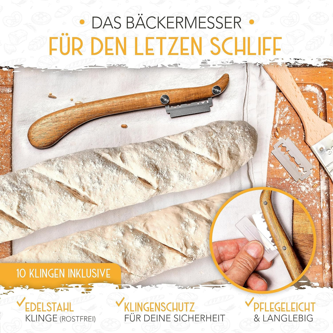 KRUSTENZAUBER Baguette Backform Antihaft inkl. Bäckerleinen u. Bäckermesser - 4er Baguette-Backblech