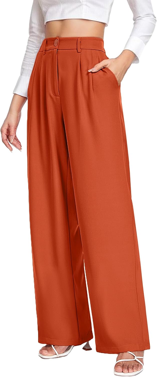 PrinStory Damen Hose Mit Weitem Bein Leichte Elastische Taille Sommer Hose Mit Taschen Kausale Büro