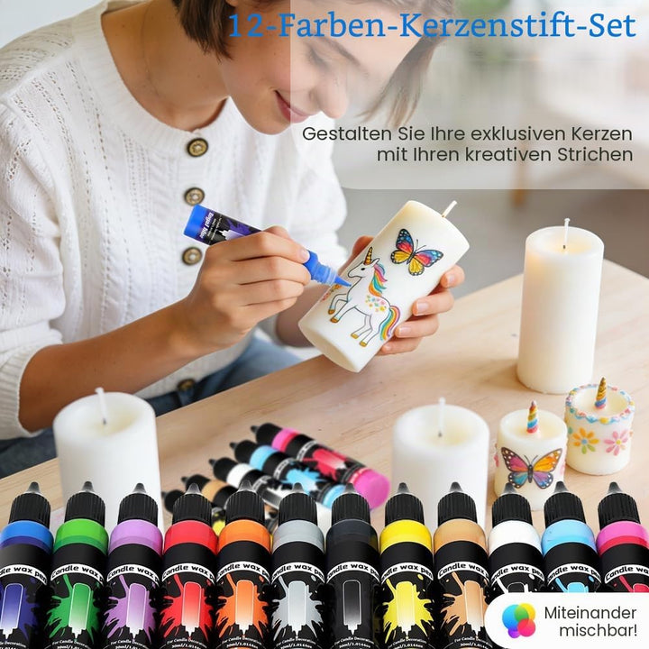 Premium 12er Set Kerzenstifte á 30ml leuchtende Farben, 12 Kerzen selber Machen Set, 12 Stück Kerzen