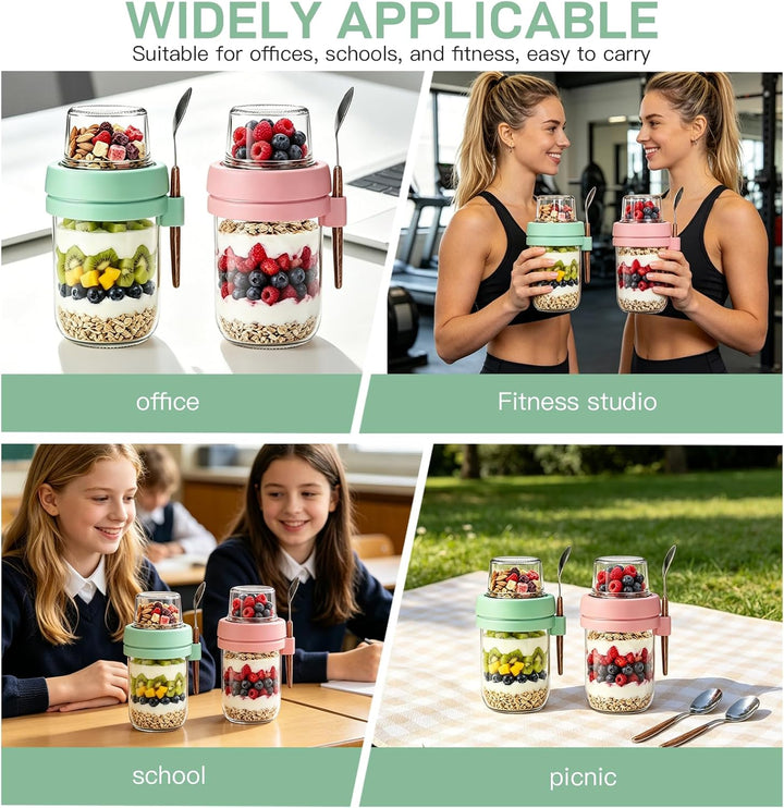 Müslibecher to Go mit Löffel,4 Stück Joghurtbecher mit Toppingbehälter,Overnight Oats Glas, Auslaufs