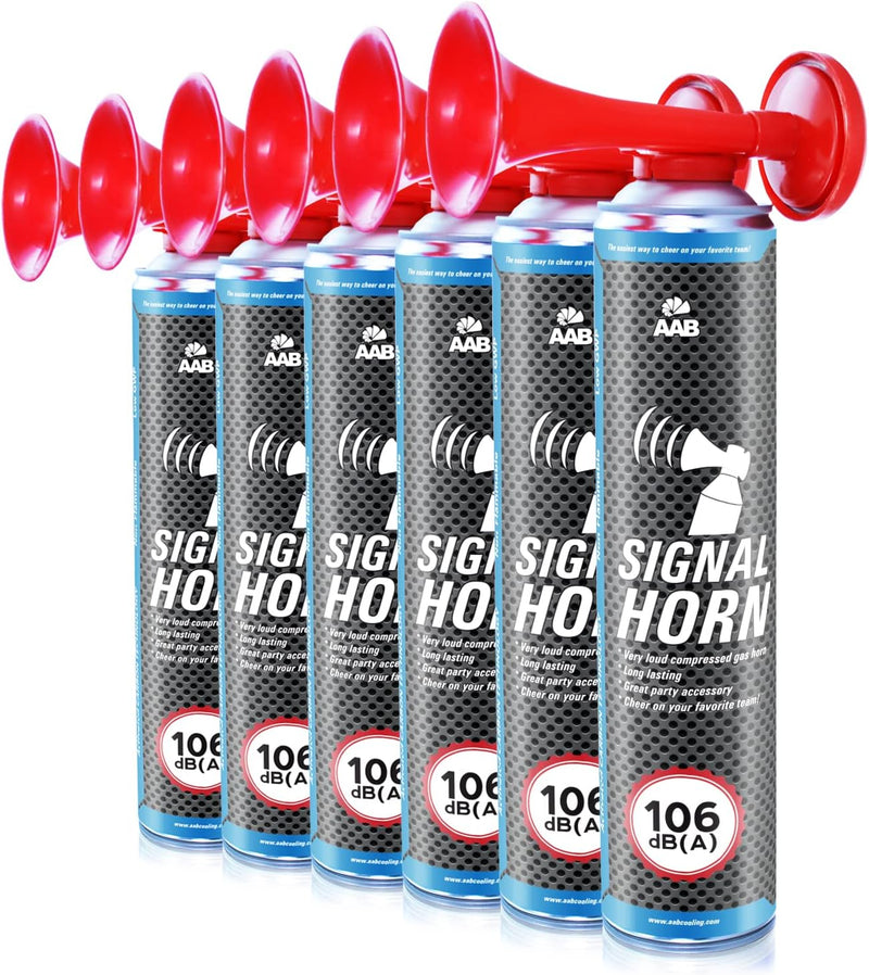 6 x AAB Signal Horn – Laut Drucklufthorn 106 dB(A), Fussball Fanartikel Mit Nicht Brennbarem Gas, Bi