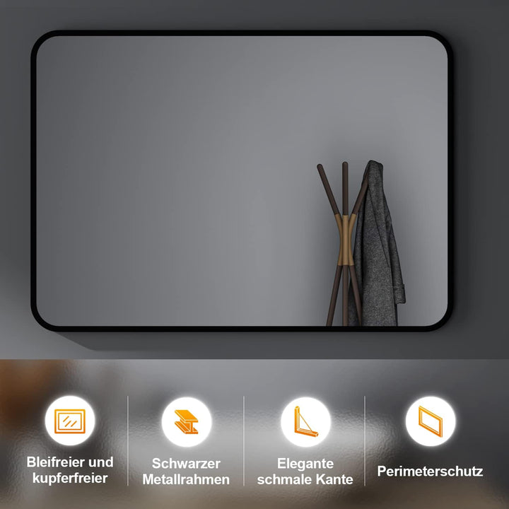 Wandspiegel gross Schwarz 60x80 cm Spiegel Rechteckiger Abgerundete Ecken Wandmontage Edelstahl Kosm