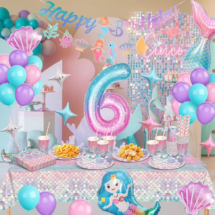 Meerjungfrau Partygeschirr Set, Meerjungfrau Geburtstag Deko 6 Jahre, Geburtstag Party Geschirr, Pap