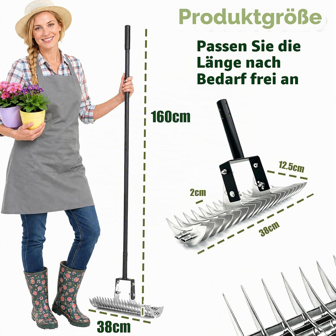 Vertikutierrechen für Rasen mit 38 cm Arbeitsbreite, winkelverstellbarer Rechenkopf und höhenverstel
