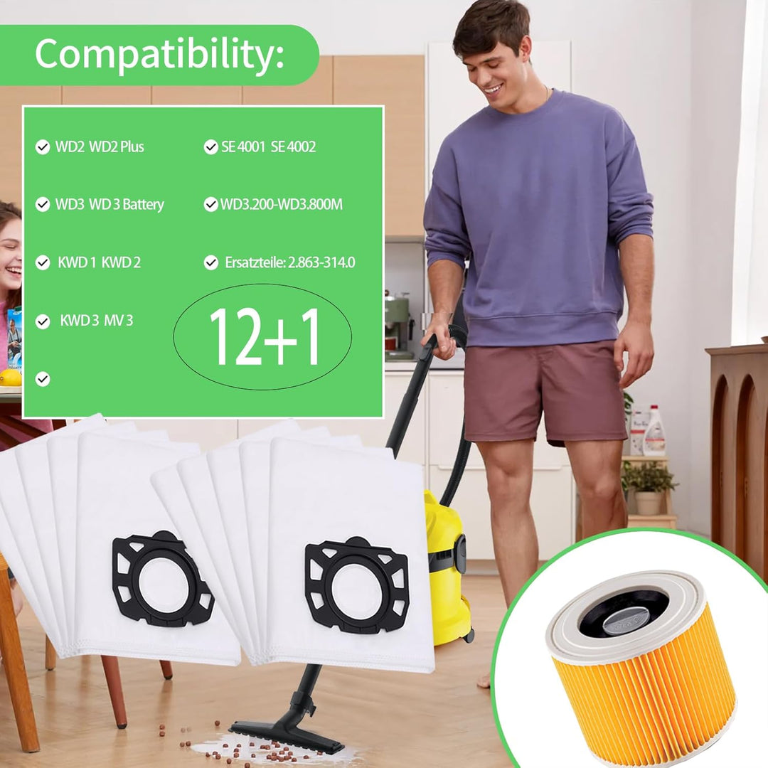 12 Staubsaugerbeutel und 1 Filter für Kärcher KFI 357, WD2, WD 2 Plus, WD 3, KWD 1-3, SE 4001, SE 40