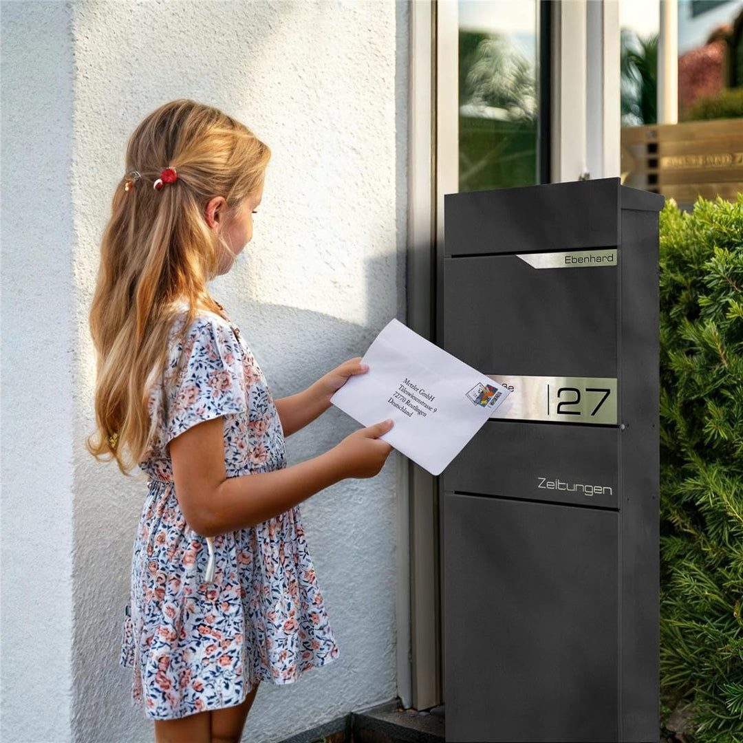 Metzler Standbriefkasten freistehend in DB 703 Eisenglimmer aus Stahl mit Zeitungsfach - personalisi