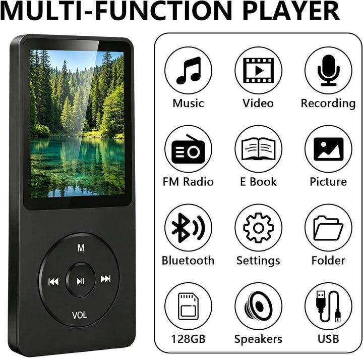 MP3 Player Bluetooth 5.3 128GB mit Lautsprecher, HiFi Musikplayer Tragbar 70H Akku, MP3 Player Sport
