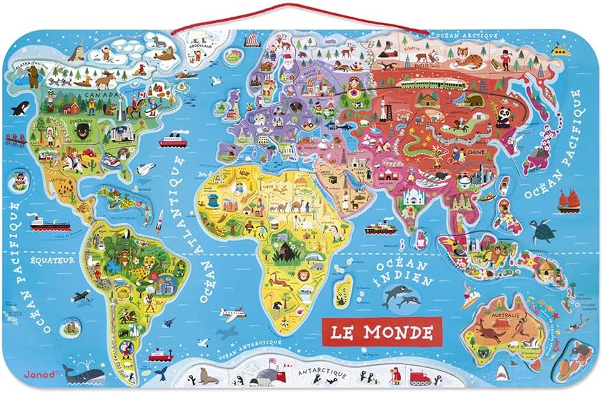 Janod - Magnetisches Weltkarten-Puzzle aus Holz, 92 magnetische Teile, 70 x 43 cm, französische Vers