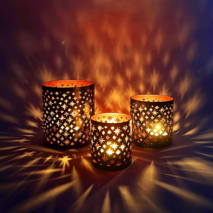 MARRAKESCH 3er Set Windlicht 14cm Gross aus Metall Orientalische Teelichthalter Hamman Schwarz Kupfe