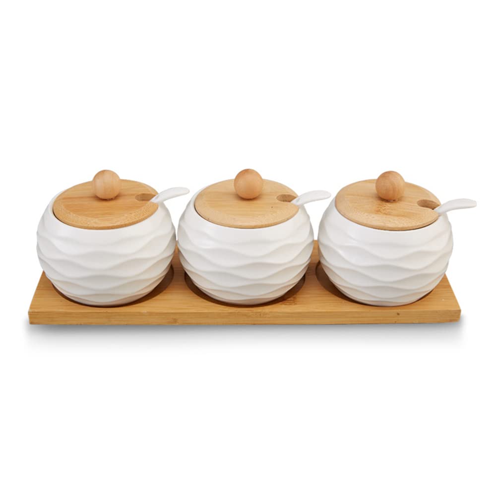 Keramik Gewürzdosen Set, Keramik Gewürzgläser mit Löffeln und Bambusdeckeln, Gewürzbehälter für Tee,