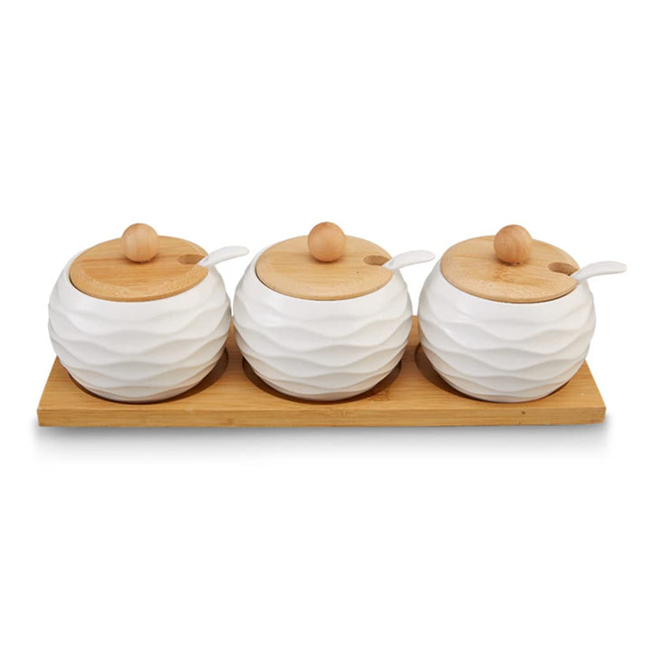 Keramik Gewürzdosen Set, Keramik Gewürzgläser mit Löffeln und Bambusdeckeln, Gewürzbehälter für Tee,