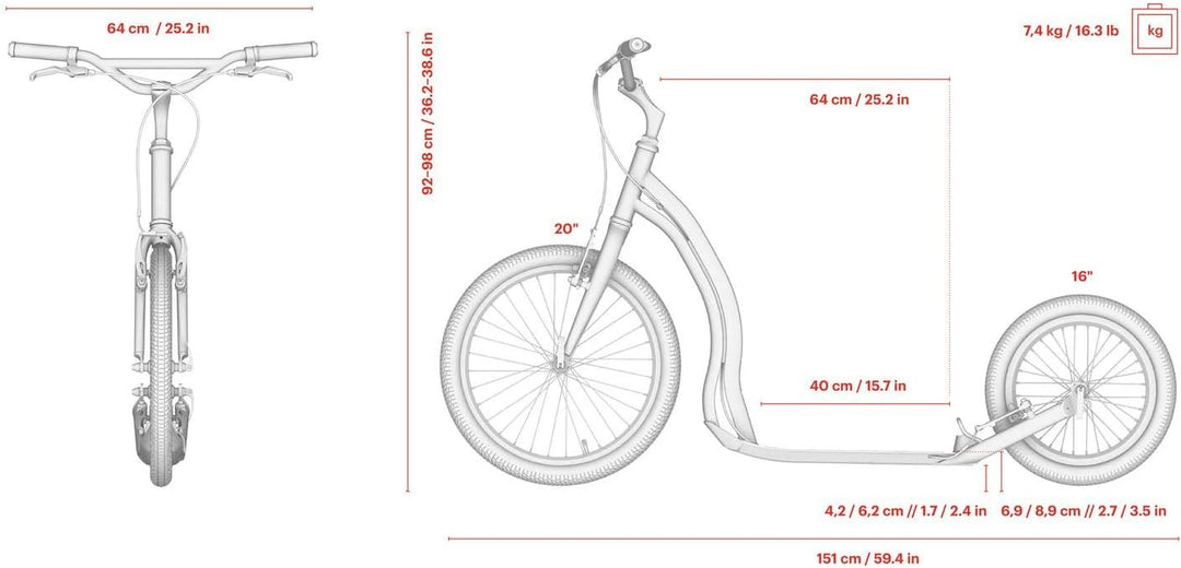 Yedoo Rodstr Tretroller - bis 150 kg, Kickscooter mit Luftreifen 20/16 - Roller Scooter für Erwachse