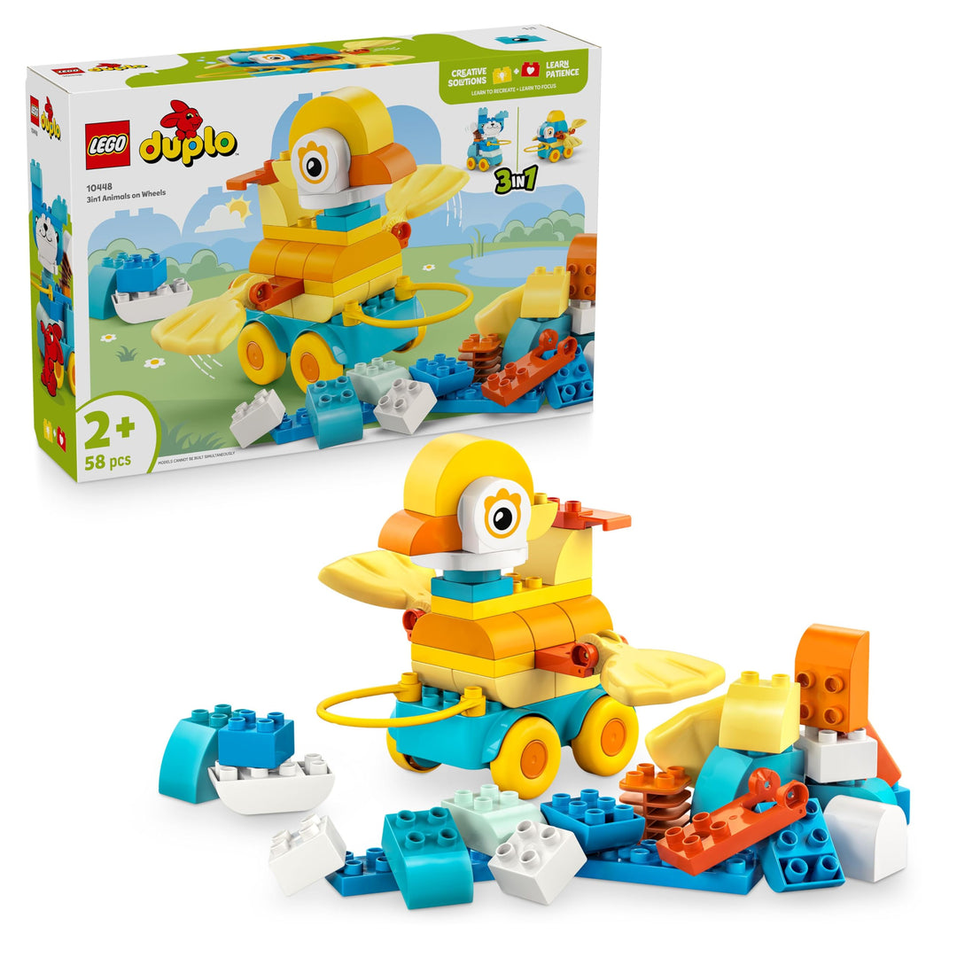 LEGO DUPLO Town Tiere auf Rädern 3-in-1-Set - Montessori Spielzeug zum Bauen von Ente, Fisch oder Hu