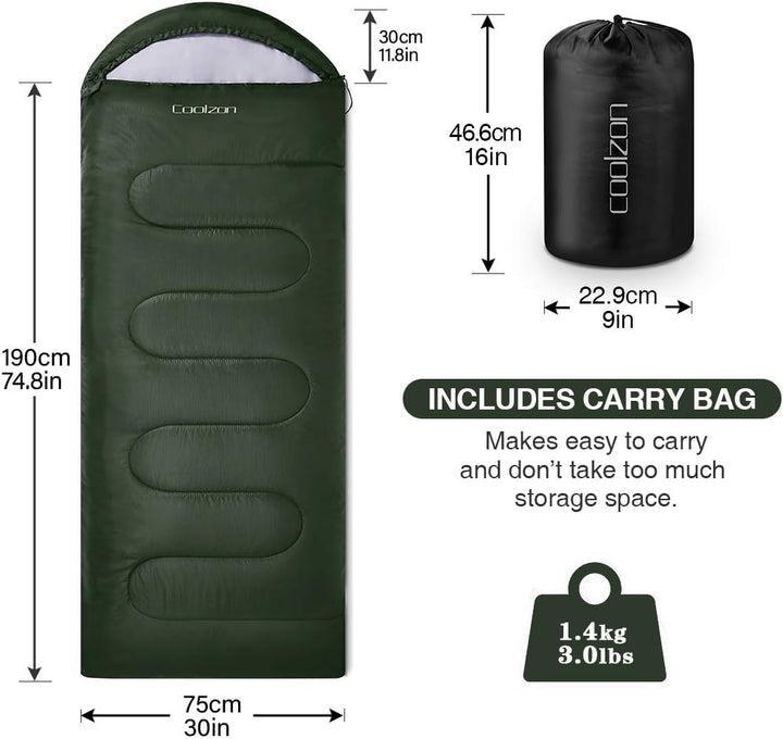 Coolzon Schlafsack Outdoor für Camping 3-4 Jahreszeiten, Erwachsene Deckenschlafsack Kleines Packmas