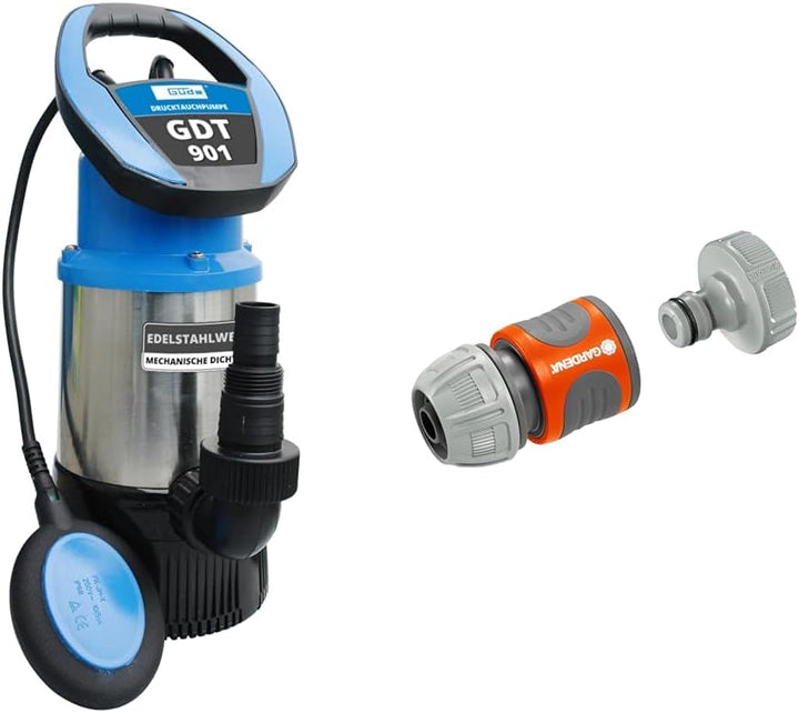 Güde 94246 Drucktauchpumpe GDT 901 & Gardena Pumpen-Anschlusssatz: Schlauchkupplung zum schnellen An