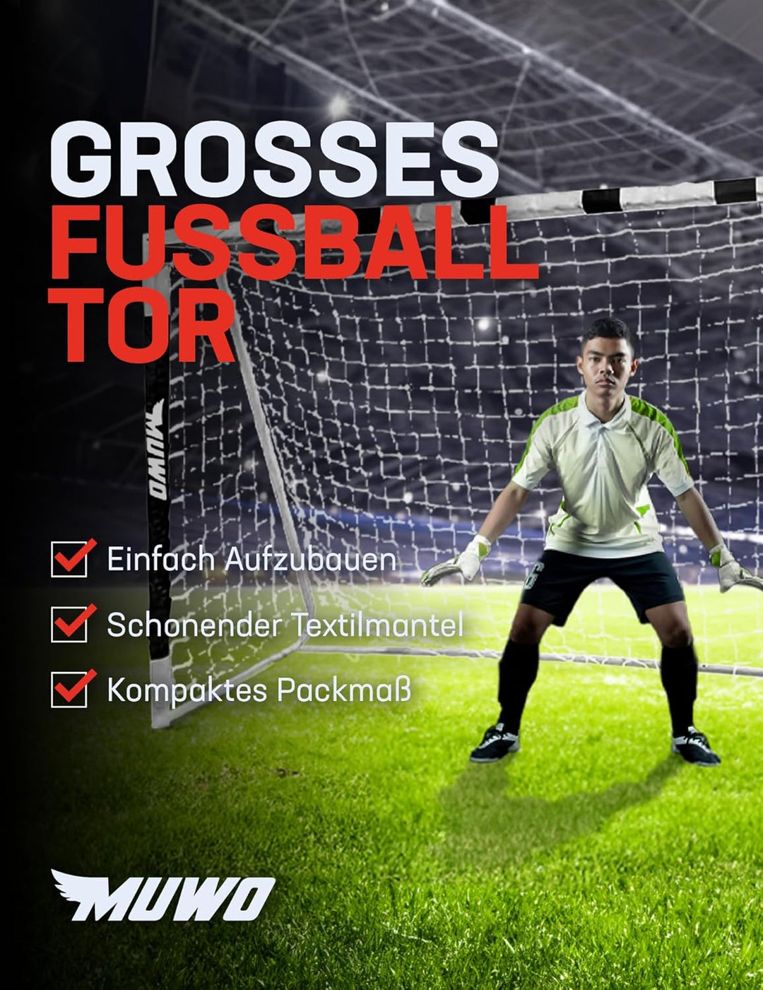 MUWO grosses Fussballtor aus robustem Stahl, mit Textilmantel und Netz. 3 x 2 Meter gross, einfacher