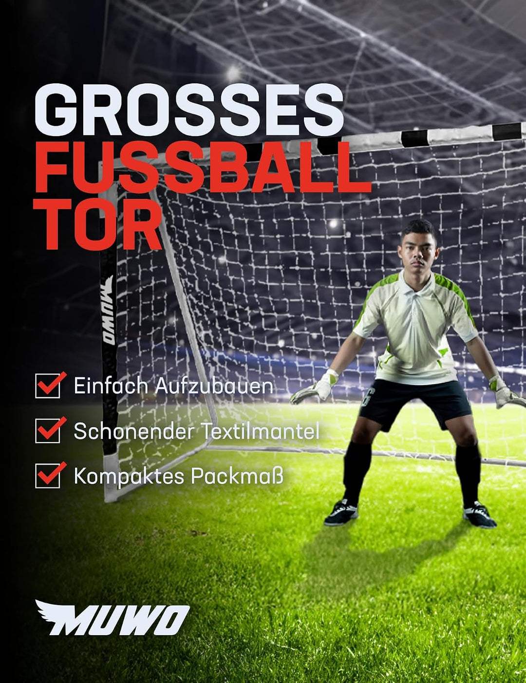 MUWO grosses Fussballtor aus robustem Stahl, mit Textilmantel und Netz. 3 x 2 Meter gross, einfacher