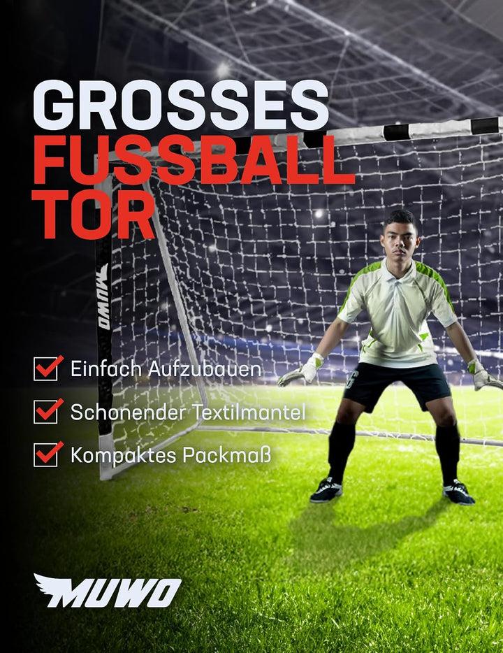 MUWO grosses Fussballtor aus robustem Stahl, mit Textilmantel und Netz. 3 x 2 Meter gross, einfacher