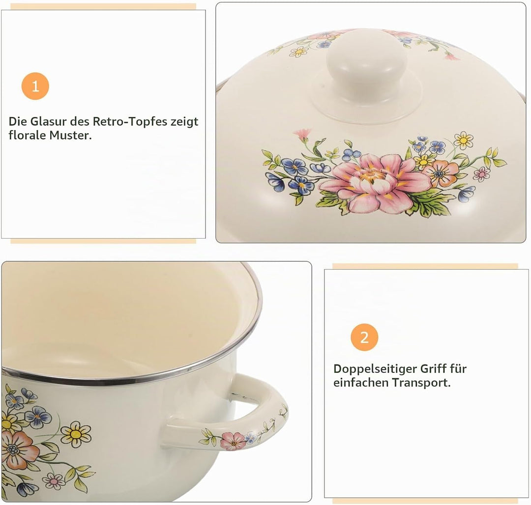 ULTECHNOVO Emaille Suppentopf 2 Liter mit Deckel 18cm Vintage Blumentopf aus Emaille Kleiner Kochtop