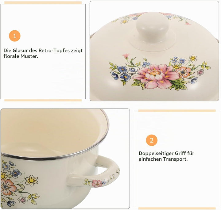 ULTECHNOVO Emaille Suppentopf 2 Liter mit Deckel 18cm Vintage Blumentopf aus Emaille Kleiner Kochtop