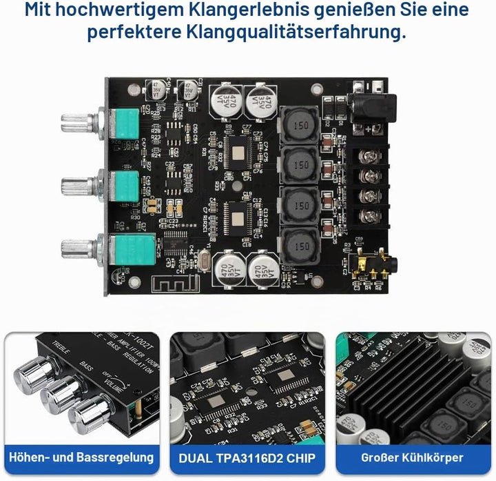 HiFi-Verstärker ZK-1002T Mini Bluetooth5.0 Verstärker Modul 2.0 Kanal 200W Stereo Audioverstärker DC