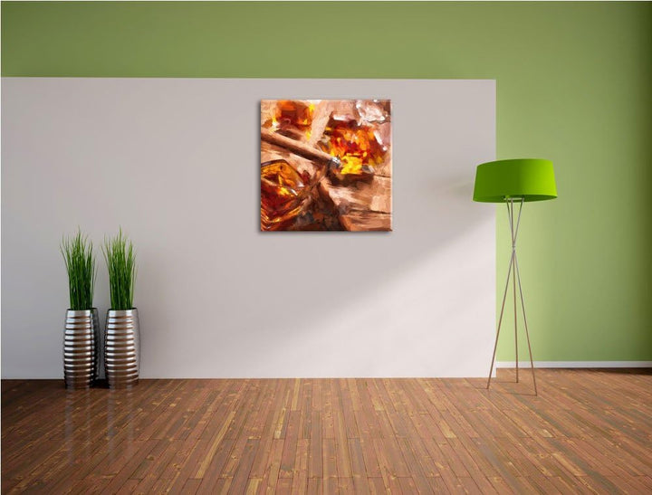 Zigarre auf Whiskeyglas, Format: 70x70 auf Leinwand, XXL riesige Bilder fertig gerahmt mit Keilrahme