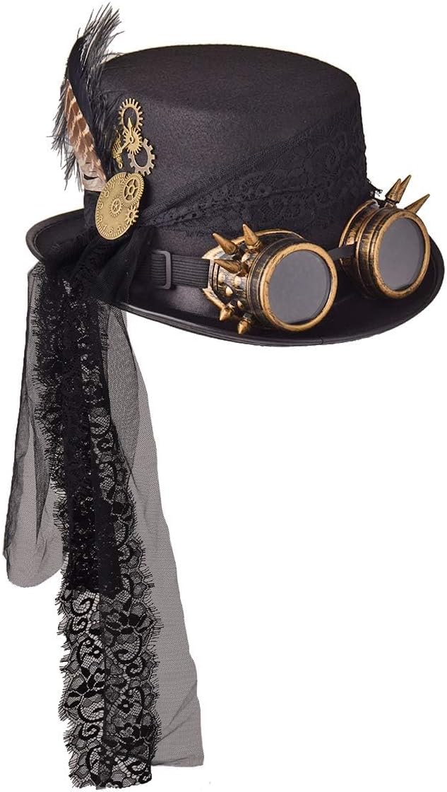 COSDREAMER Unisex Steampunk Zylinderhut Halloween Kostüm Hut mit Brille schwarz (Schwarz, medium) Sc