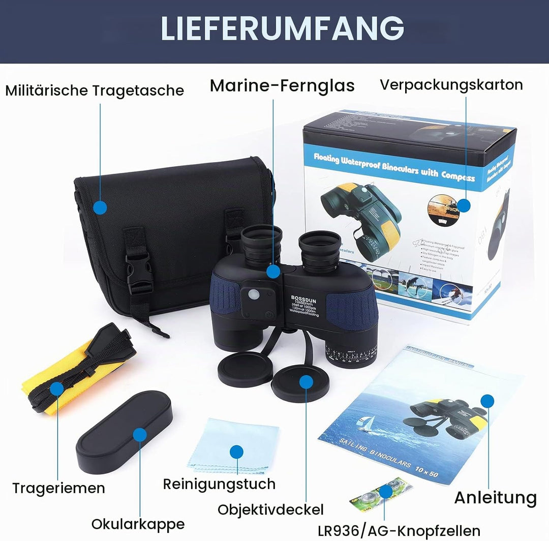 Marine Fernglas 10x50 wasserdicht mit Kompass &amp; Entfernungsmesser, Militärfernglas HD, beschlagfreie