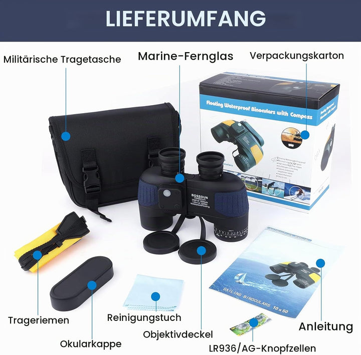Marine Fernglas 10x50 wasserdicht mit Kompass &amp; Entfernungsmesser, Militärfernglas HD, beschlagfreie
