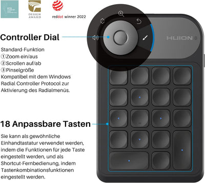 HUION Bluetooth 5.0 Keydial Mini K20, KD100 2.0 Kabellose Tastatur mit Dial Controller + 18 Benutzer