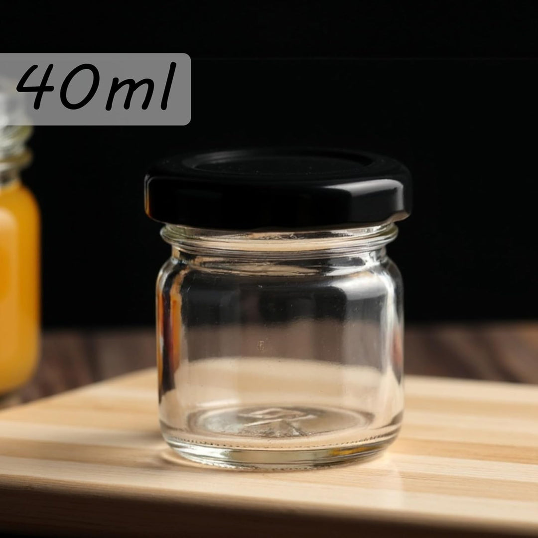gouveo 48er Set Einmachgläser 40 ml Mini mit Schraub-Deckel schwarz - Mini Vorratsgläser mit Drehver