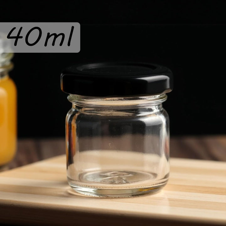 gouveo 48er Set Einmachgläser 40 ml Mini mit Schraub-Deckel schwarz - Mini Vorratsgläser mit Drehver
