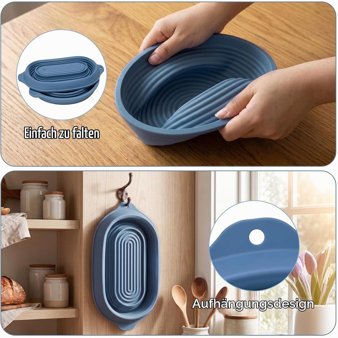 Gärkörbchen Set Faltbar Silikon, Brotbackform Oval und Rund mit Backpinsel