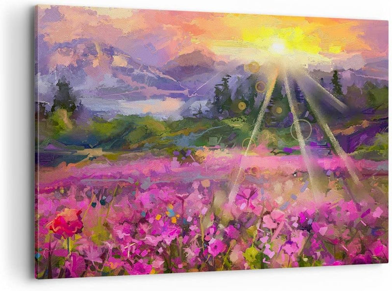 Bilder auf Leinwand 100x70cm Leinwandbild mit Rahmen Berge Blumen Blumen Gross Wanddeko Bild Schlafz