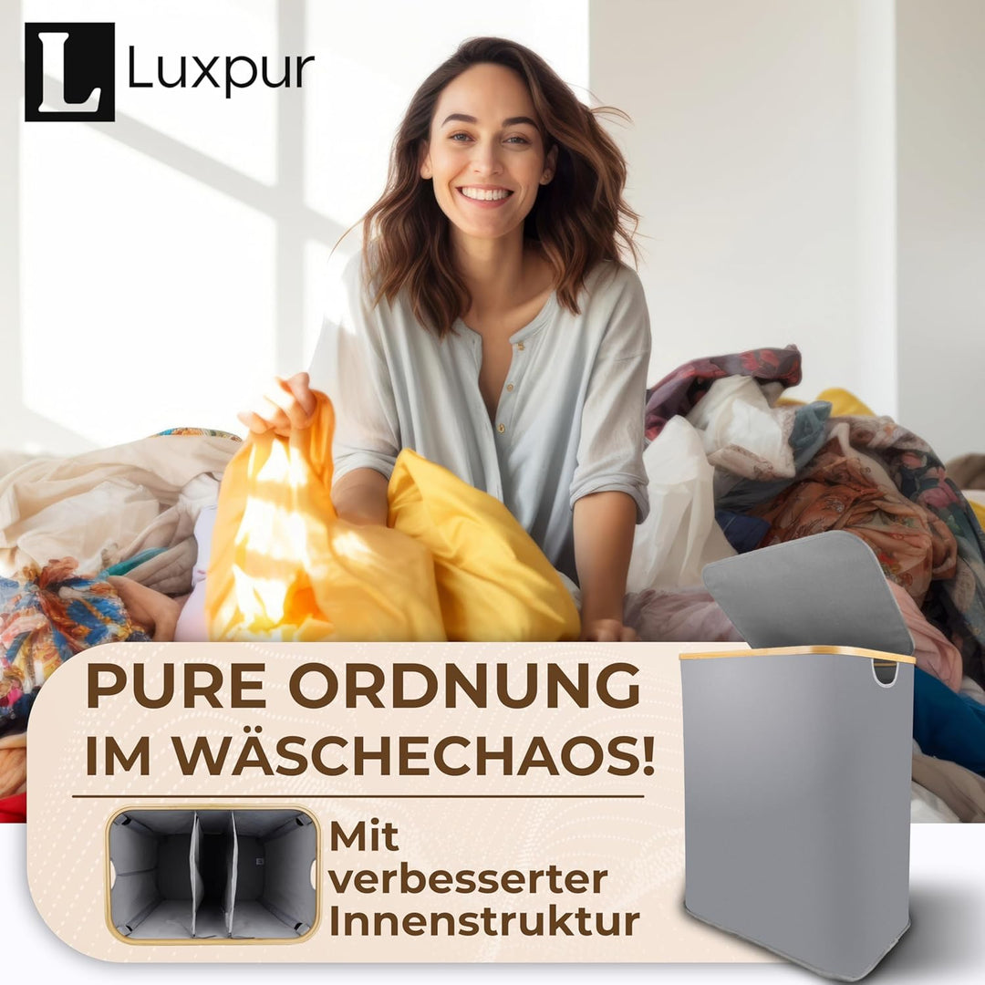 Luxpur® Wäschekorb XXL mit Deckel 3 Fächer Wäschesack Bambus Wäsche-Sortier-System Faltbare Wäschebo