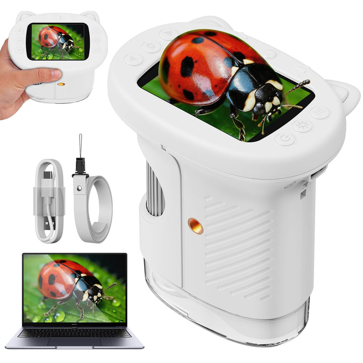 Tragbares Mikroskop für Kinder, 1000x Digitales Handmikroskop Kinder mit 2,4 Zoll IPS Bildschirm, Fo