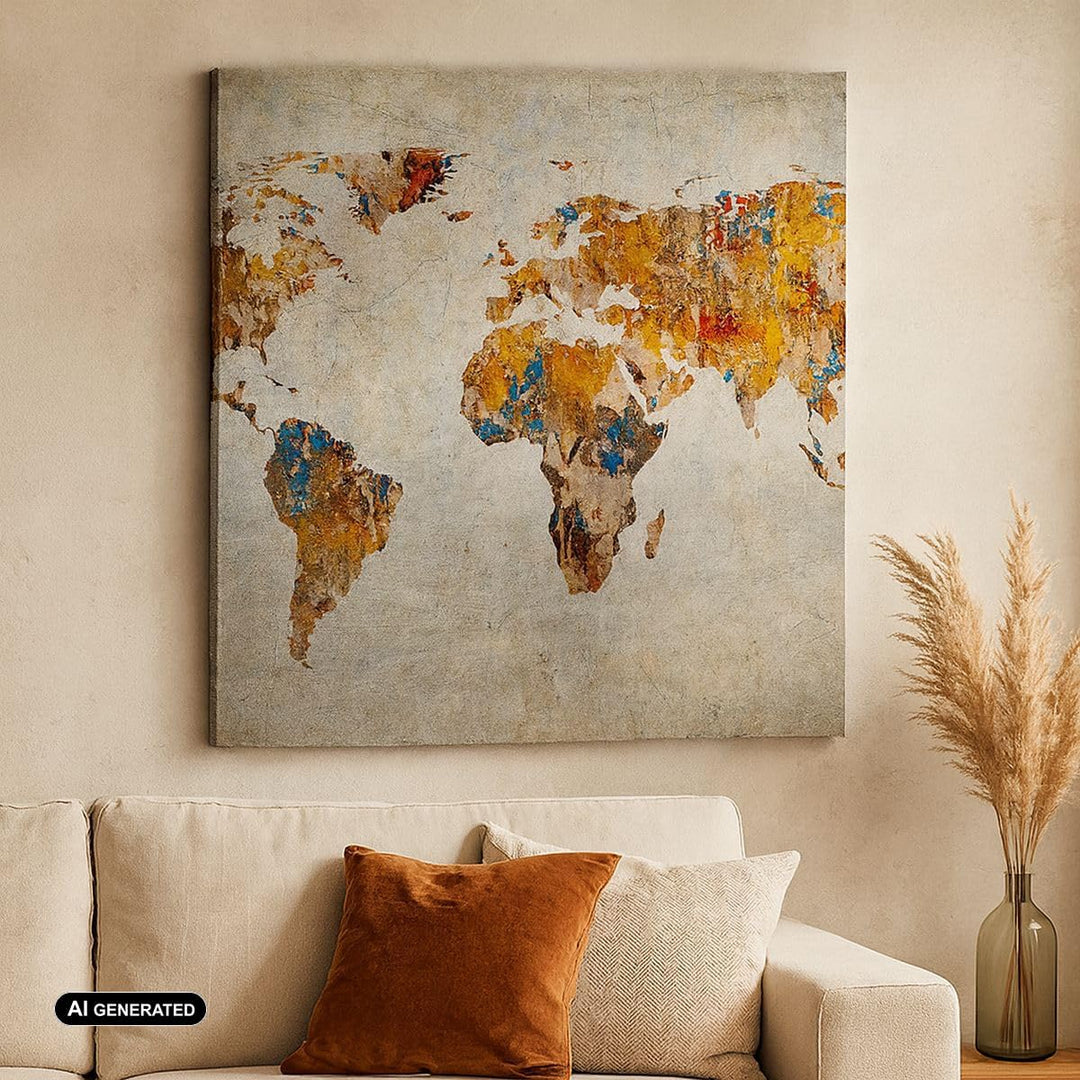 Bilder auf Leinwand 70x70cm Leinwandbild Welt Karte Kontinente Geographie Gross Wanddeko Bild Schlaf