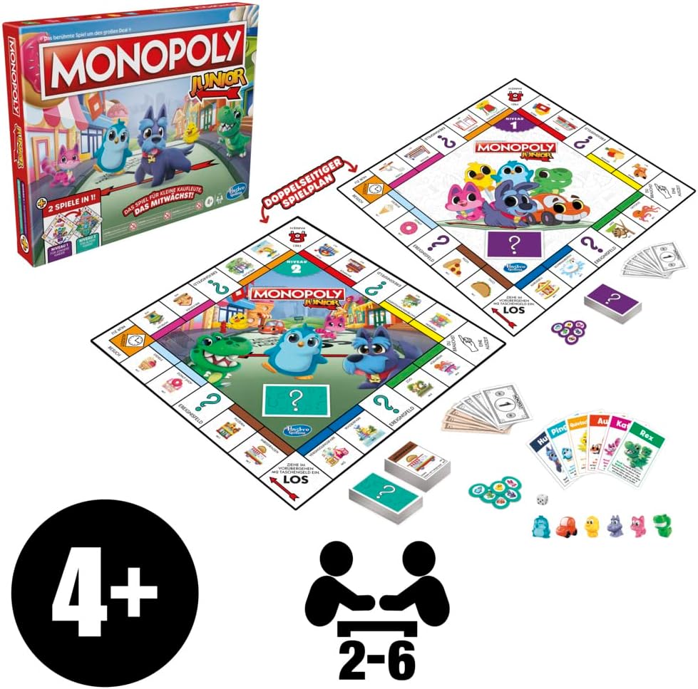 Monopoly Junior, das Klassische Brettspiel für Kinder ab 4 Jahren, 2-seitiger Spielplan - leicht ver