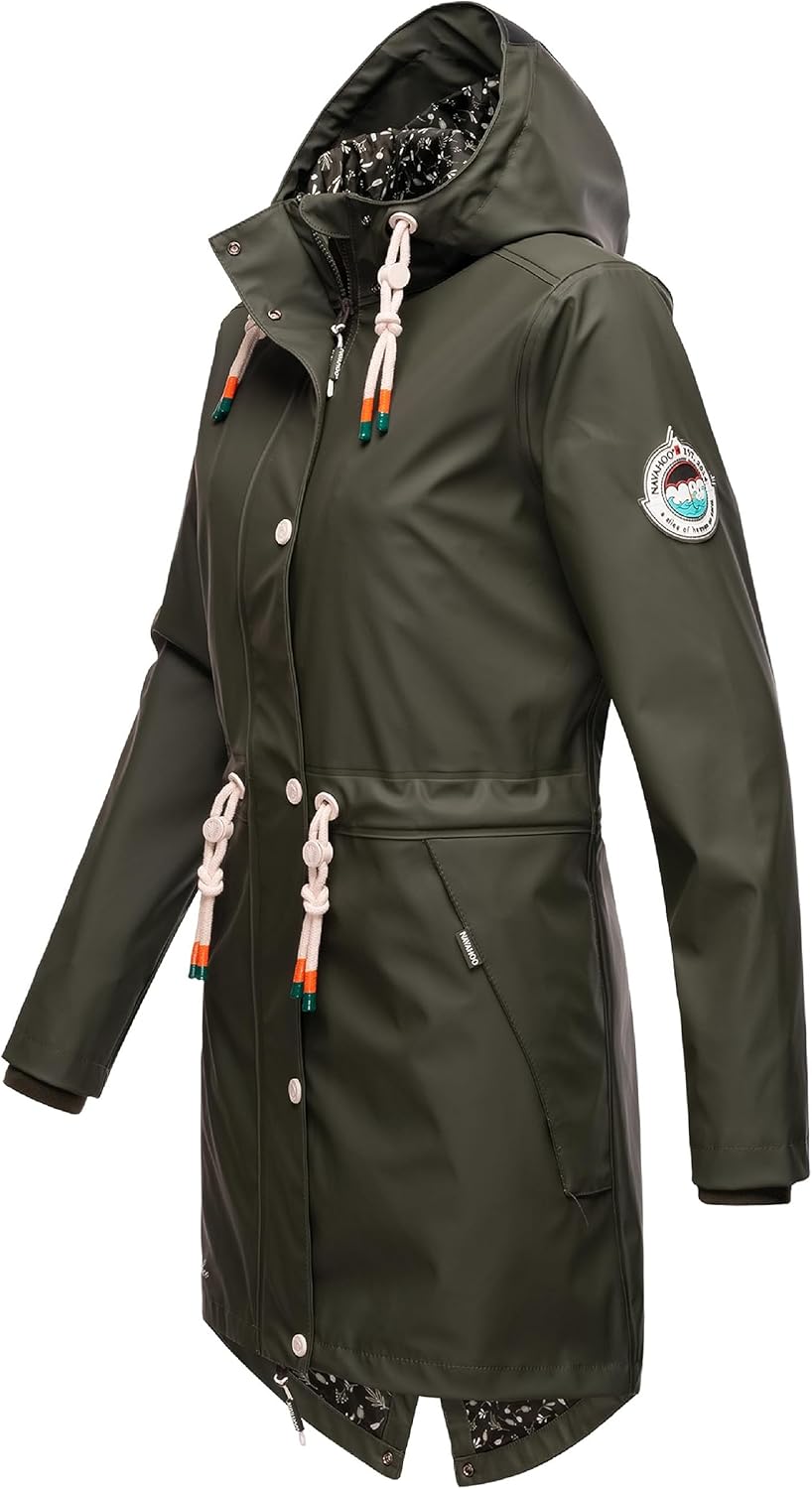 Navahoo Damen Übergangsjacke Regenmantel wasserdicht lang mit Kapuze Tropical Stormoo XS-3XL XS Oliv