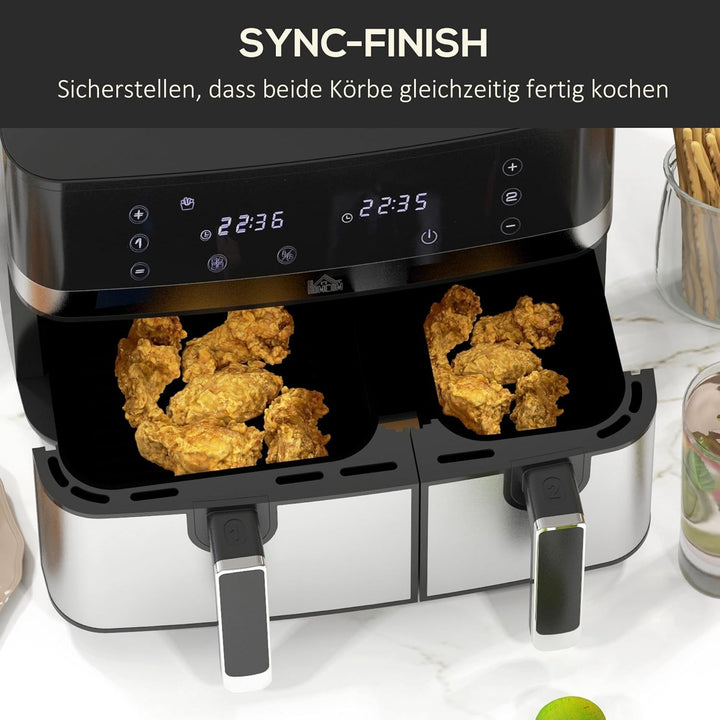 HOMCOM Dual Zone Heissluftfritteuse 8,5 L Airfryer 2700W mit 2 Fächer, 8 Programme, Antihaftbeschich
