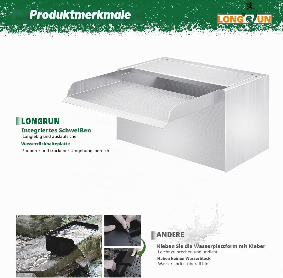 LONGRUN 23cm Teich-Wasserfall,304 Edelstahl Pool-Wasserfall mit Wasserpumpe,7 Farben Bluetooth LED G