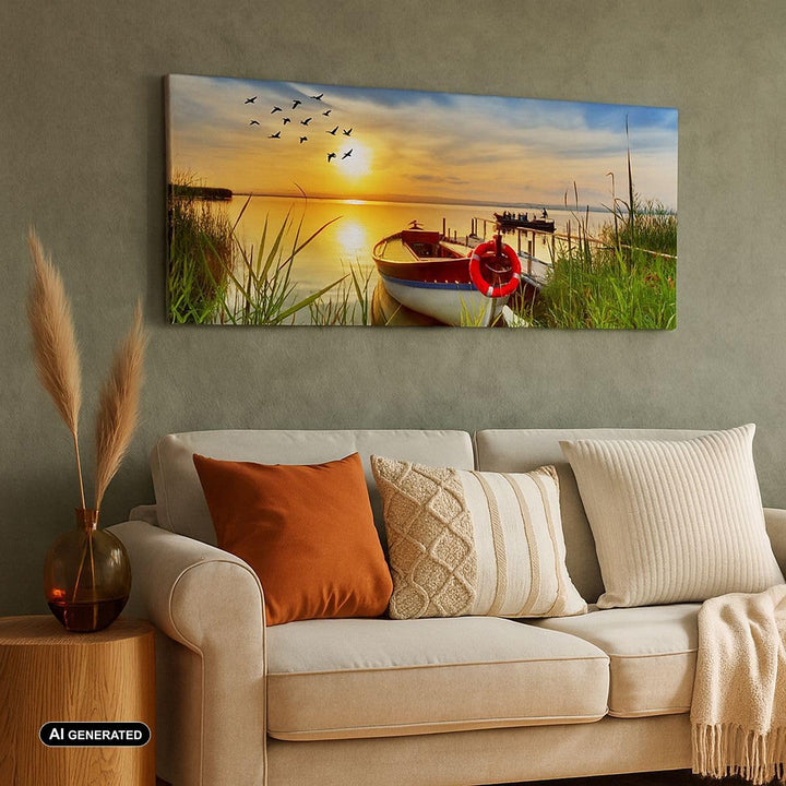 Wandbilder Dekoration Wohnzimmer Boot See Sonnenuntergang Sommer Menschen Bilder auf Leinwand 120x50