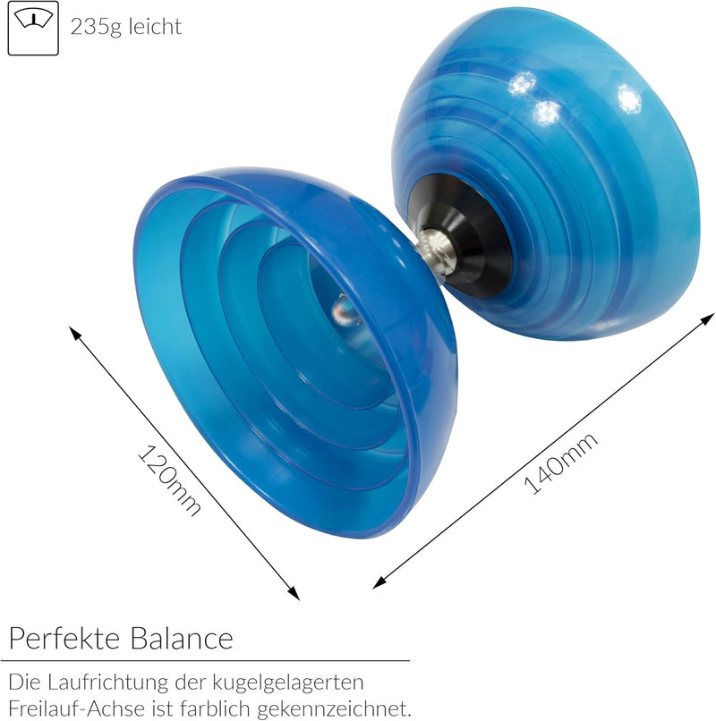 Diabolo-Set mit Henrys Beach Free Freilauf-Kugellager Diabolo - Profi-Set (blau), Blau