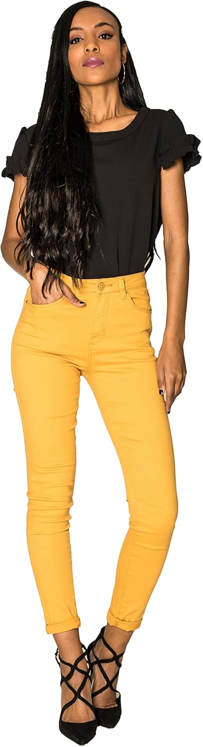 Nina Carter P109 Damen Skinny Fit Jeans High Waist Slim Hose Figurbetonte Stretch Jeanshose XS (Senf