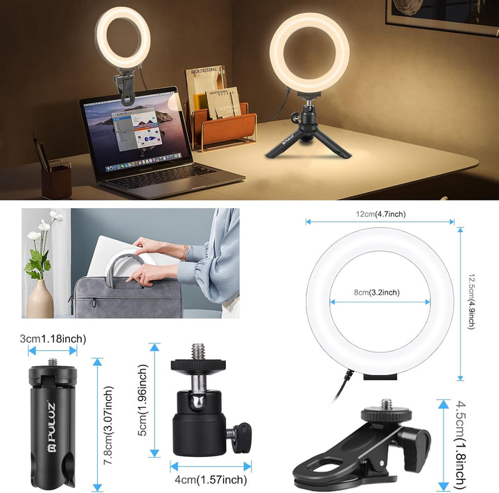 PULUZ Ringlicht PC mit Clip & Stativ 5 Zoll Videokonferenz Licht Dimmbares 3 Lichtfarben+Helligkeit
