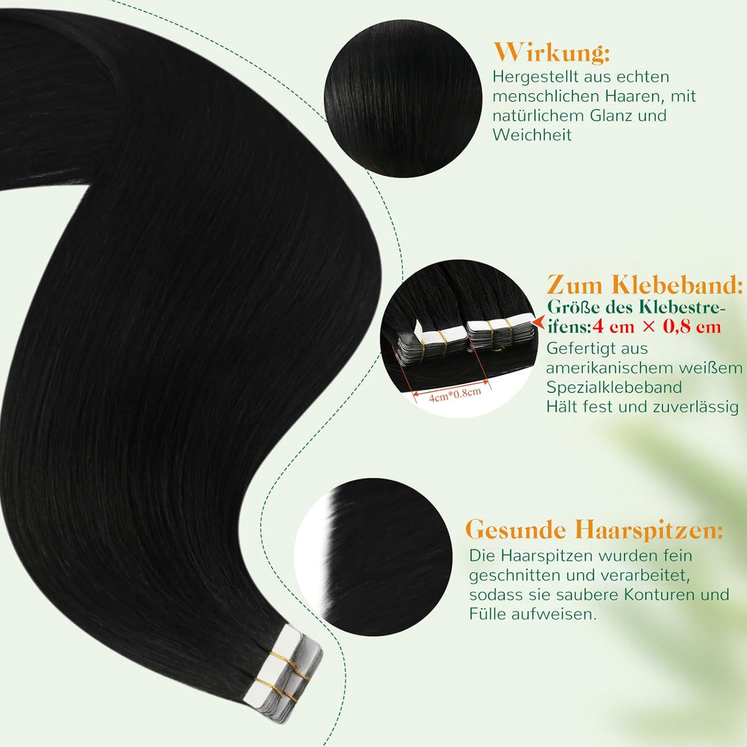 Easyouth Tape on Extensions Echthaar Haar Extensions Tape Echthaar Farbe Pechschwarz 12 Zoll 30g Tap
